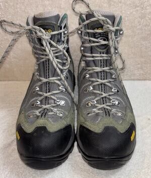 Asolo Boots Womens Size 8.5 Green Gray Suede Waterproof Vibram Ankle Hiking